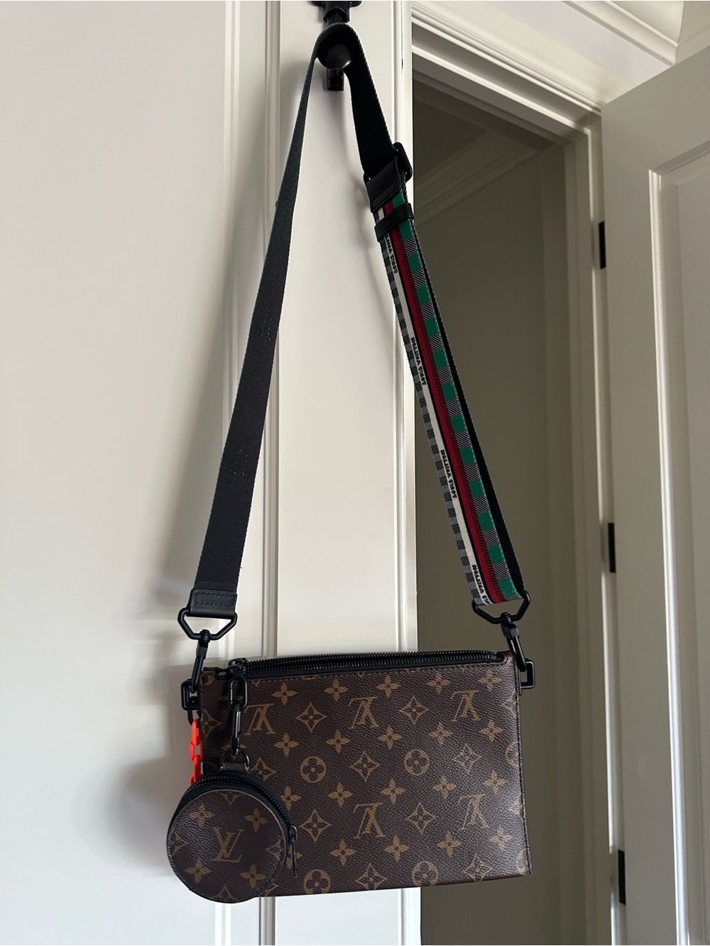 Louis Vuitton Brown Monogram Triple Pouch Crossbody with Striped Strap